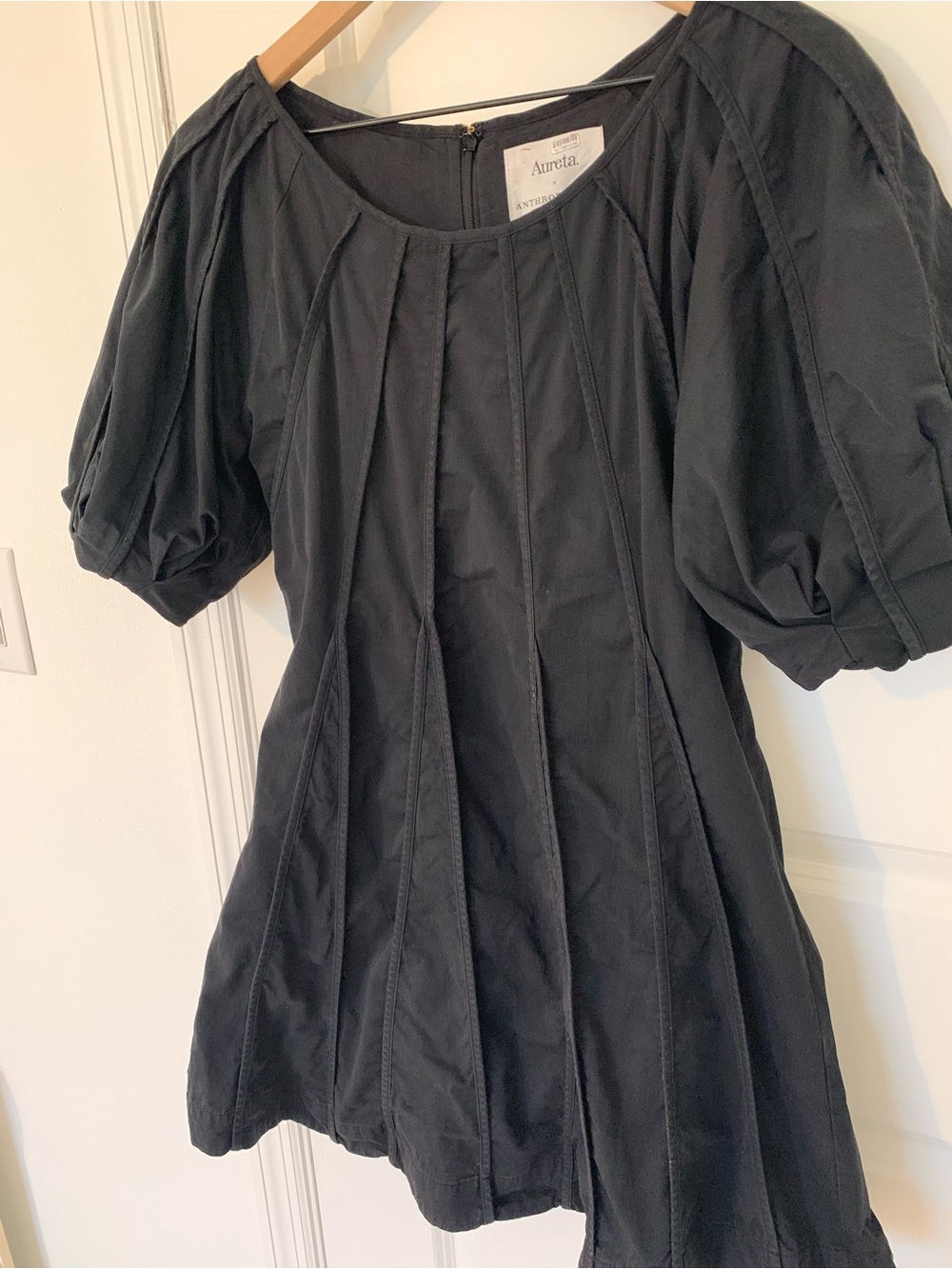 Anthropologie x Aureta Black Puff Sleeve Seamed A-Line Dress - Picture 7 of 12